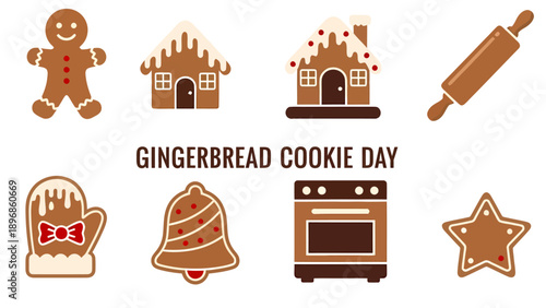 Brown gingerbread cookies and baking items arranged around brown text
