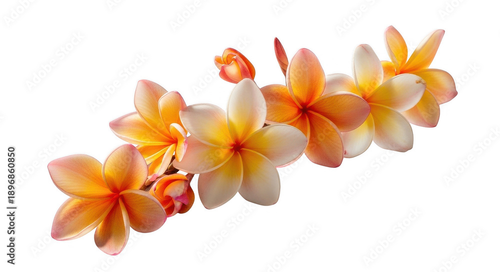 Fototapeta premium Vibrant orange and white plumeria flowers in full bloom