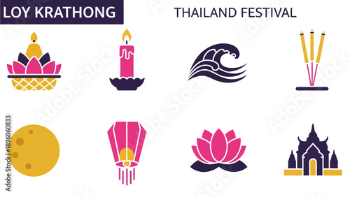 Graphic icons for Loy Krathong Thailand Festival colored pink yellow and dark blue