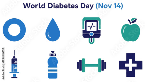 Graphic icons for World Diabetes Day Nov 14 featuring health and medical items