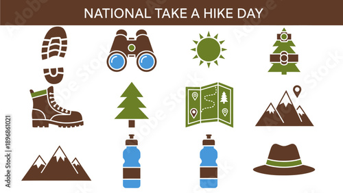 National Take A Hike Day graphic with twelve hikingrelated icons