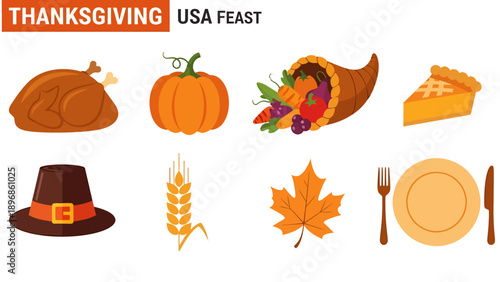 Thanksgiving USA feast icons including a turkey pumpkin cornucopia and pie