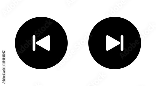Two black circular buttons with white rewind and fast forward icons. They are designed as simple, black-filled glyphs within circles for universal recognition and use across various digital interfaces