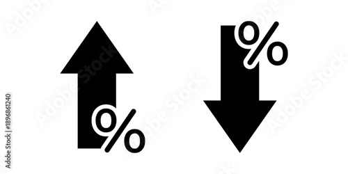 Up and down percentage arrows indicating growth and decline. These icons are commonly used in finance, banking, and e-commerce to illustrate market trends, price changes, or sales. Vector Icons Set