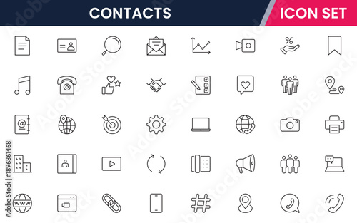 Contacts icons depicting address books, phone directories, profiles, communication, emails, phone calls, networking, connections, user information, social links, personal contacts, organization, manag