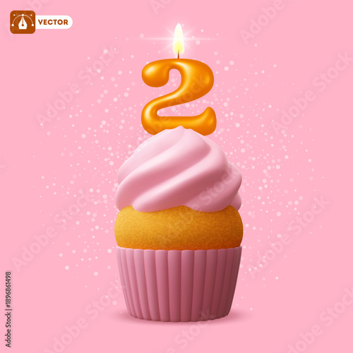 Cute cupcake with cream and glowing number two candle on pink background. 2nd Anniversary, 2 year birthday celebration, jubilee, festive milestone moment concept. 3D Isolated vector illustration