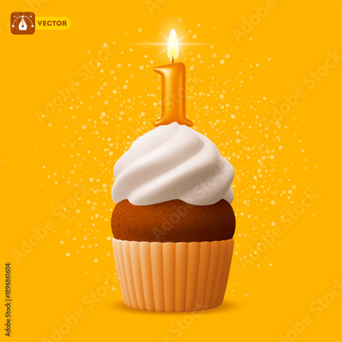 Cute cupcake with cream and glowing number one candle on yellow background. 1th Anniversary, 1 year birthday celebration, jubilee, festive milestone moment concept. 3D Isolated vector illustration