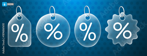 Glass discount tag with percentage sign and glassmorphism effect. Sale event, great offer notification icon. Glassy transparent price tag set. Online shopping with savings concept. Vector illustration