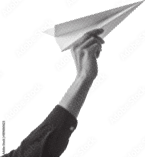 Halftone illustration of a hand launching a paper airplane on a white background. Retro dotted texture creates motion, freedom, and creativity. Conceptual graphic for ideas, startup, and communication