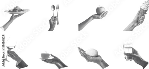 Collection of human hands holding food, drinks, and utensils on a white background. Expressive gestures present serving, eating, and lifestyle concepts. Ideal for hospitality, dining, and menu design.