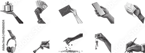 Set of human hands holding household and work tools on a white background. Expressive gestures show repair, construction, and maintenance activities. Ideal for DIY, service, and industry concepts.