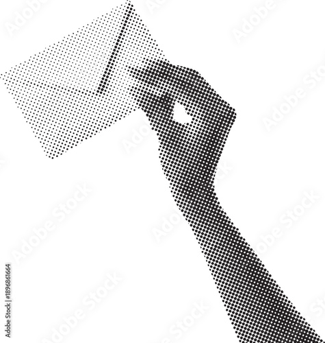 Halftone illustration of a human hand holding an envelope on a white background. Dotted retro texture represents messaging, mail, and communication. Conceptual graphic for email, contact, and delivery