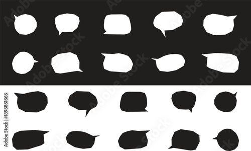 Set of abstract speech bubble silhouettes in black and white. Minimal chat and dialogue shapes for communication concepts. Ideal for messaging, comics, and interface design.