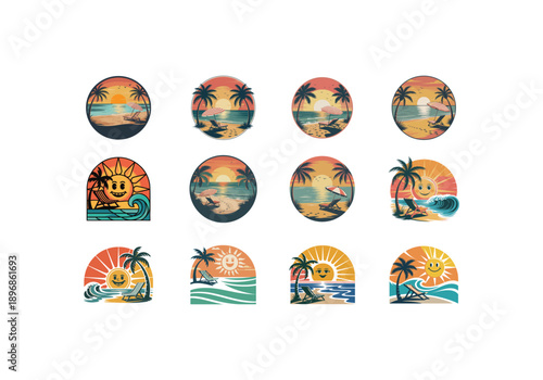 Beautiful colorful Holiday vacation beach stamp logo . luxury travel beach getaway holidays for honeymoon couple  tropical vacation vector design.