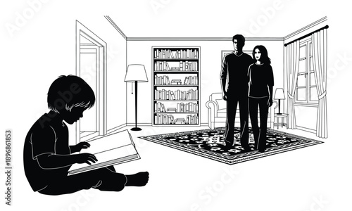 Child reading book on floor in living room with parents silhouette