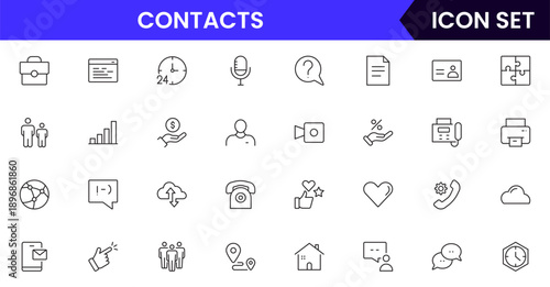 Contacts icons depicting address books, phone directories, profiles, communication, emails, phone calls, networking, connections, user information, social links, personal contacts, organization, manag