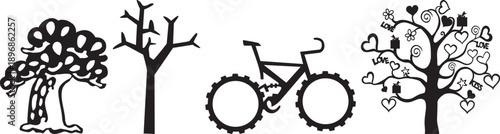 Stylized black and white illustration of a tree with a thick trunk