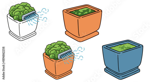An illustrative depiction of potted plants, some with a fan providing air circulation, showcasing different pot colors and healthy green foliage.