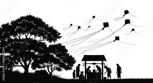 Kites flying over silhouette of village people working near water well