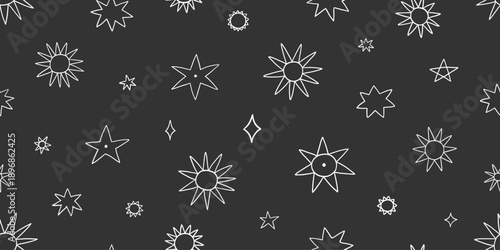Black and white seamless pattern with doodle stars, endless pattern. Monochrome scribble. Christmas ornament, birthday design with black background. Trendy modern vector illustration. Cute hand drawn.