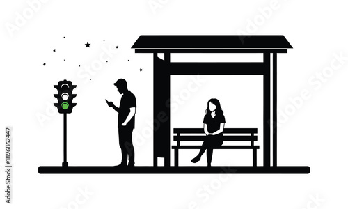 People waiting at night bus stop station with green traffic light signal