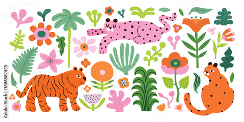 Stickers exotic tropical leaves and wild leopards, jungle plants, tiger, palm trees, leaves and flowers. Set of vector jungle stickers in modern simple doodle style.