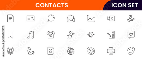 Contacts icons depicting address books, phone directories, profiles, communication, emails, phone calls, networking, connections, user information, social links, personal contacts, organization, manag