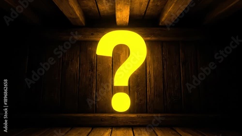 Lit yellow question mark in wooden room; ambient light and shadows