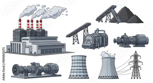 Industrial factory and machinery collection illustration.