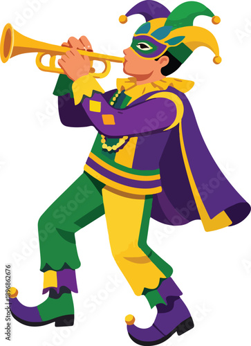 Mardi Gras Musician Playing Trumpet Full Body Flat Vector Illustration
