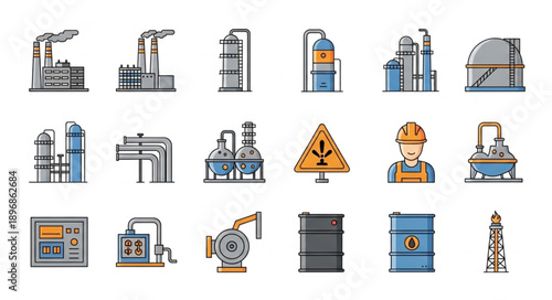 Industrial factory and equipment icons set.