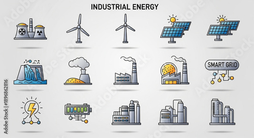 Industrial Energy Icons Set Renewable and Traditional Power Sources.