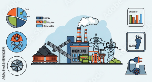 Industrial energy production and environmental impact illustration.