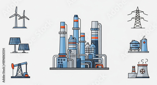 Industrial energy production and renewable energy sources illustration.