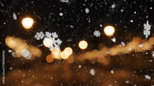 Night scene of bokeh lights and falling snow flakes