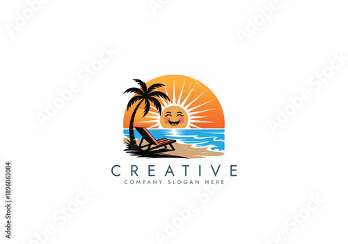 Beautiful colorful Holiday vacation beach stamp logo . luxury travel beach getaway holidays for honeymoon couple  tropical vacation vector design.