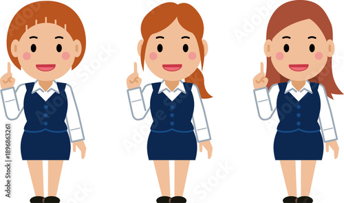 ナンバーワンポーズをするネイビー事務服の若い女性。その2