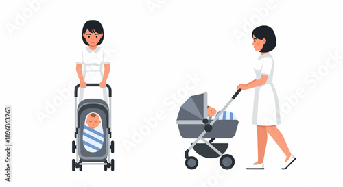 Two women pushing babies in different types of strollers, depicting childcare and outdoor activities.