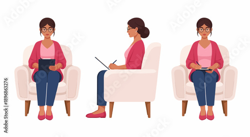 Illustration of a woman sitting in an armchair in three different poses, holding a tablet or writing, depicting a professional or student.