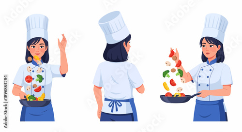 A female chef in a white uniform and blue apron, tossing fresh vegetables in a frying pan, shown from front and back views.