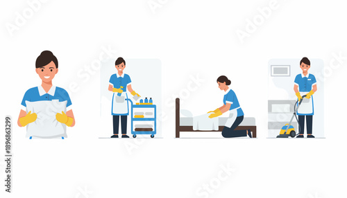 Four illustrations depicting a female hotel housekeeper performing various duties such as holding a pillow, pushing a cart, making a bed, and vacuuming a room.