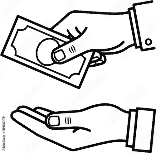 Black and white vector illustration of hand giving paper money bill to another person hand on transparent background