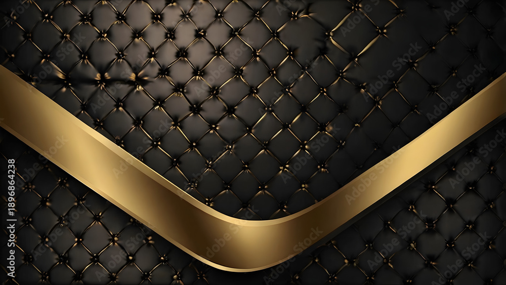 Obraz premium Luxury Detail: A close-up showcases a lavish black quilted leather backdrop, exquisitely adorned with a gleaming gold ribbon that gracefully arcs across the scene.