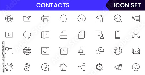 Contacts icons depicting address books, phone directories, profiles, communication, emails, phone calls, networking, connections, user information, social links, personal contacts, organization, manag