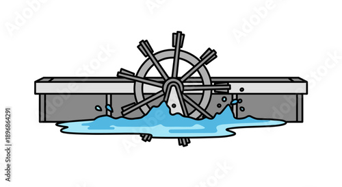 A flat-style vector illustration depicts a water wheel rotating in a canal, symbolizing traditional irrigation and hydropower mechanisms.