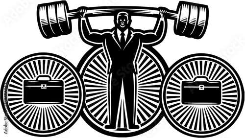 A businessman lifting a dumbbell surrounded by briefcases in a circular design