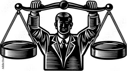 A businessman holding a scale aloft, symbolizing balance and fairness in a professional setting, depicted in a detailed illustration.