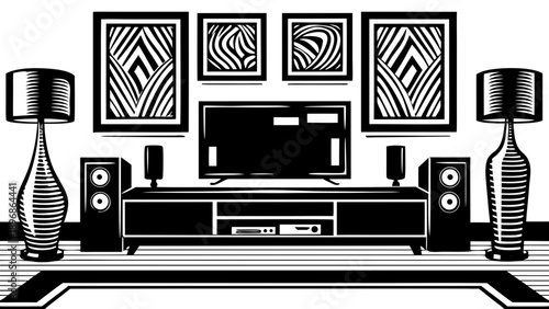 Modern living room with entertainment center and abstract wall art viewed from the front