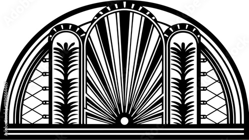 Elegant architectural window illustration featuring ornate designs and geometric patterns in a semicircular shape from a frontal viewpoint