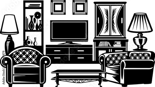 Illustration of a modern living room scene with furniture, lamps, and decor from a frontal viewpoint
